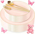 I00000 150 PCS Pink Plastic Plates for Party,Heavy Duty Pink Disposable Plates,Gold Dinnerware Set Include 30 Dinner Plates,30 Dessert Plates,30 Gold Plastic Silverware Set for Valentine's Day