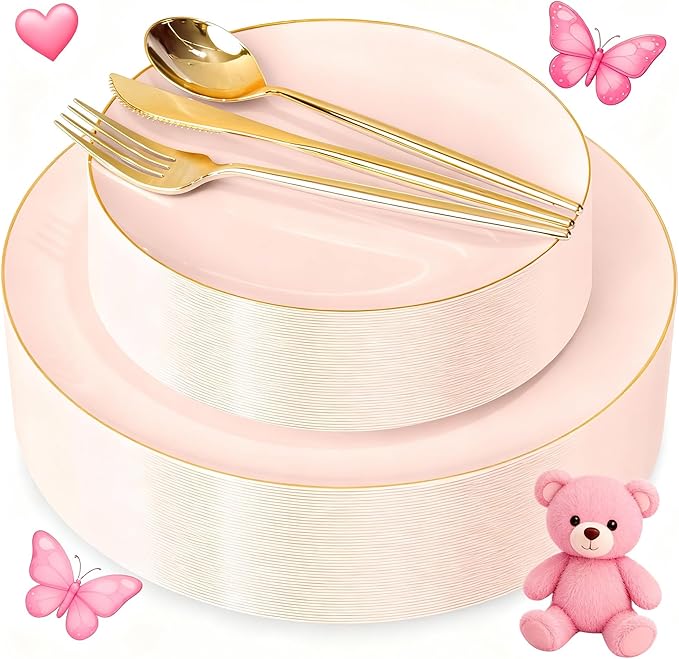 I00000 150 PCS Pink Plastic Plates for Party,Heavy Duty Pink Disposable Plates,Gold Dinnerware Set Include 30 Dinner Plates,30 Dessert Plates,30 Gold Plastic Silverware Set for Valentine's Day