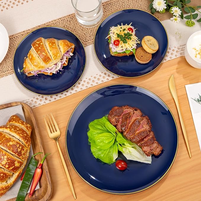 PULOTE 200 Pieces Blue Plastic Plates - Navy Blue and Gold Disposable - Include 100PCS 10 inch Dinner & 100PCS 7 inch Dessert Plate for Party & Hanukkah