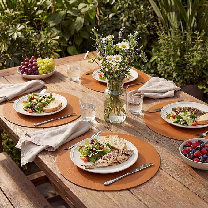 Artoid Mode Rust Faux Leather Placemats Set of 6, 15 Inch Waterproof Wipeable Heat Resistant Vinyl Place Mats, Reversible Table Mats for Fall Kitchen Dining Decor
