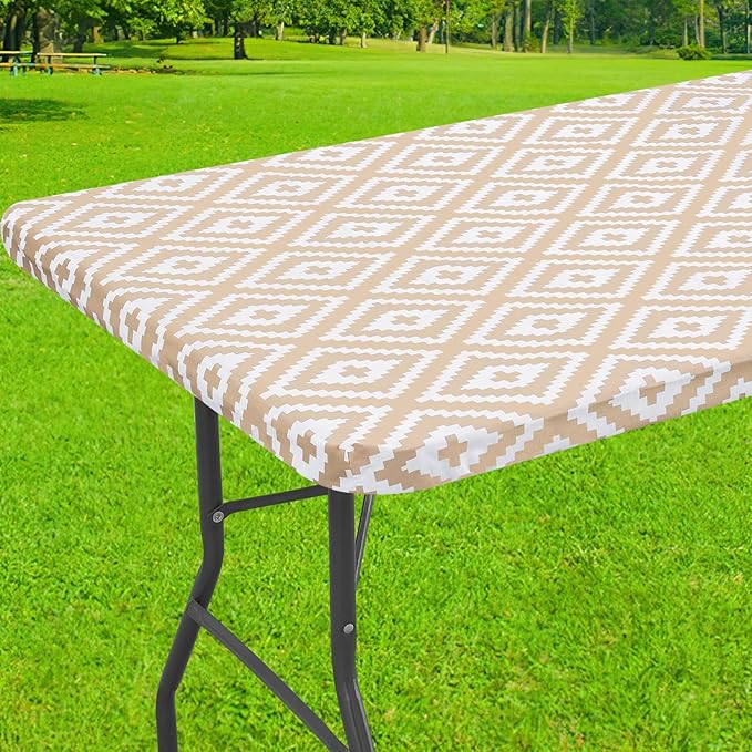 Smiry Rectangle Table Cloth Cover, Waterproof Elastic Fitted Picnic Tablecloth for 8 Foot Tables, Wipeable Flannel Backed Vinyl Tablecloths for Camping, Dining, Outdoor (Khaki, 30" x 96")