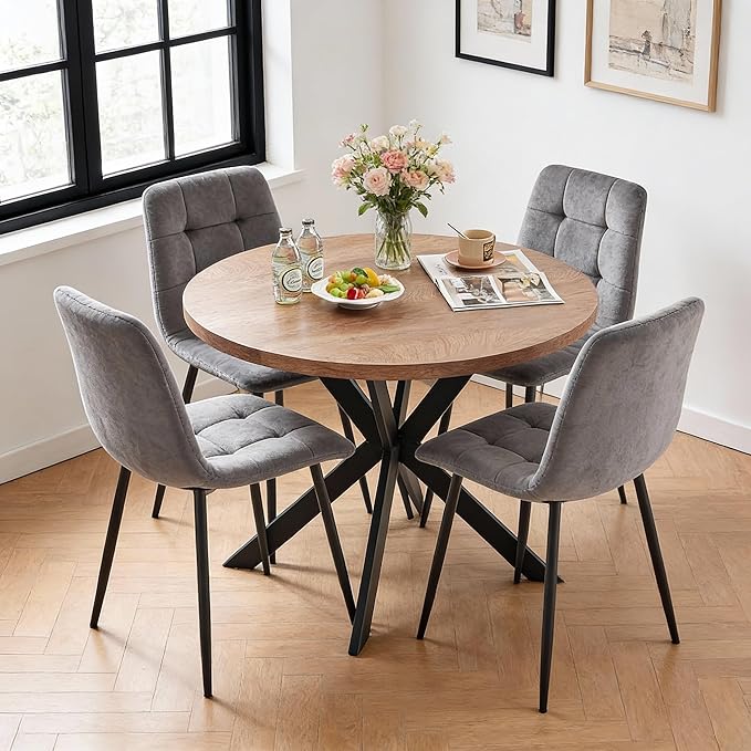 5-Piece Round Dining Table Set - Kitchen Table Chairs Set of 4 with Grey Velvet Upholstered Chairs -Dining Table Set for 4