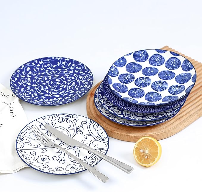 Selamica Ceramic Dessert Plates,7 Inch Small Plates, Appetizer Plates for Kitchen, Set of 6, Microwave Dishwasher Safe, Vintage Blue