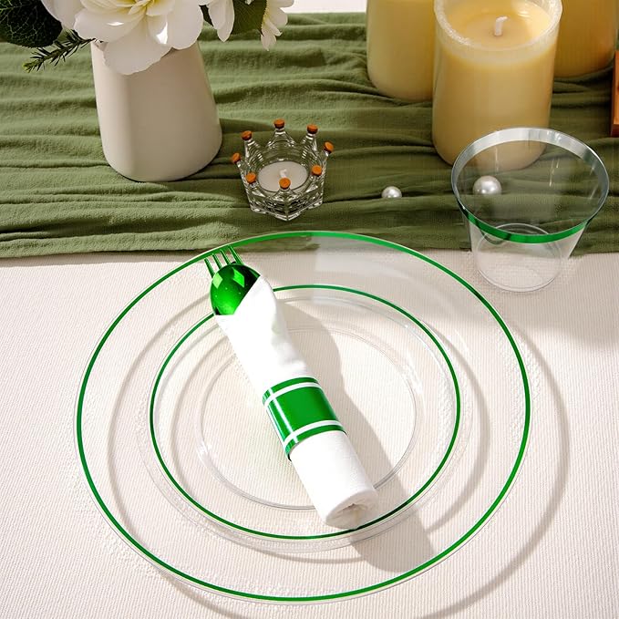 SUT 175 Pcs Green and Clear Plastic Dinnerware Set for 25 Guests, Include: 25 Dinner Plates, 25 Dessert Plates, 25 Pre Rolled Napkins With Silverware, 25 Cups, Disposable Plates for Party