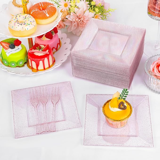 DaYammi 100Pcs Pink Dessert Plates with Forks Including 50Pcs Appetizer Plates,50Pcs Plastic Forks,Glitter Square Plate pink Disposable plates for Wedding,Plastic Cake Plate for Valentine's Day Party