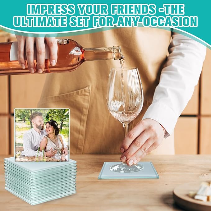 LemonRoad 12 Pcs Sublimation Blank Glass Coasters, 3.9 Inch Square DIY Photo Glass Drink Coasters with Foot Pads for Mugs, Cups, Dining Tables, Office, Kitchen, Home and Parties