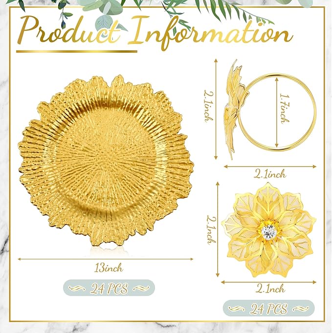 Dandat 48 Pcs Charger Plate Bulk 13'' Floral Reef Plates with Napkin Ring Plastic Dinner Charger Hollow Out Flower Napkin Holder Plastic Plate for Table Setting Wedding Party (Gold)