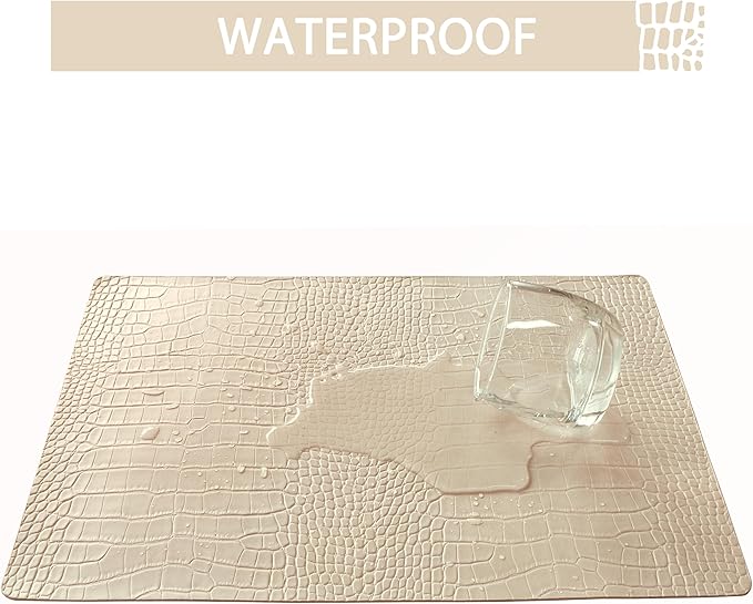 Jovono Faux Leather Placemats Set of 8, Waterproof & Heat Resistant Dinner Place Mats for Dining Table, Non-Slip Crocodile Embossed, Beige (17.8x11.8 Inch)