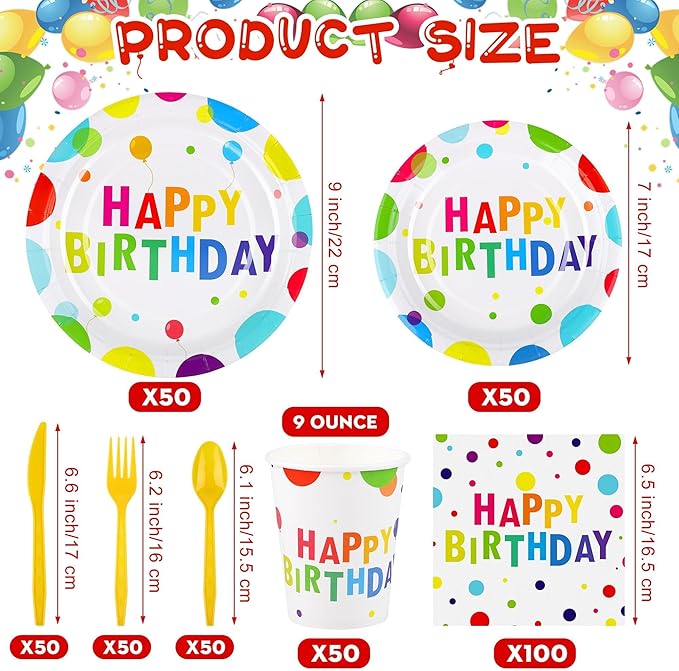 Kochorie 400 Pieces Happy Birthday Party Decorations Including Disposable Paper Plates Cups Napkins Tableware Sets Serves 50 for Birthday Party Supplies