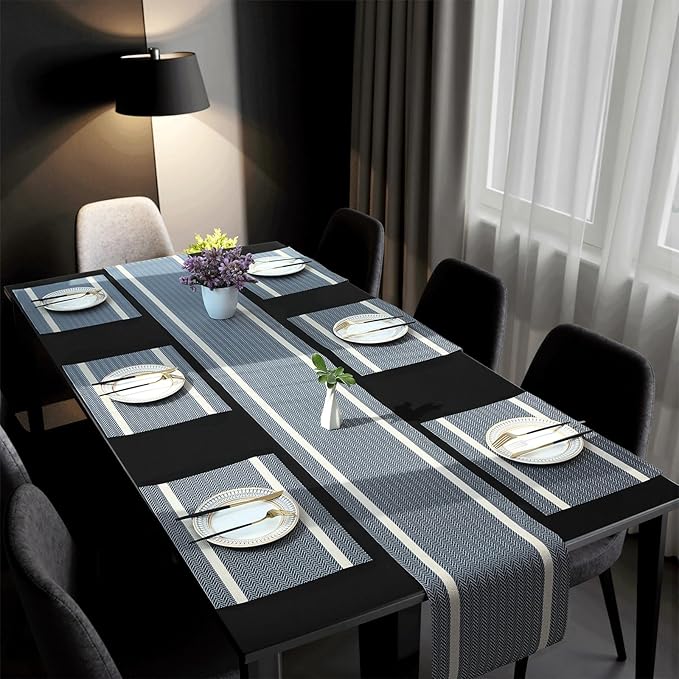 FAVE Placemats Set of 12 Blue Placemats Woven with Golden Thread Durable and Wipeable Vinyl Place Mats Heat Resistant Table Mats Set of 12 for Kitchen Table (Blue, 12"x18"-12PCS)