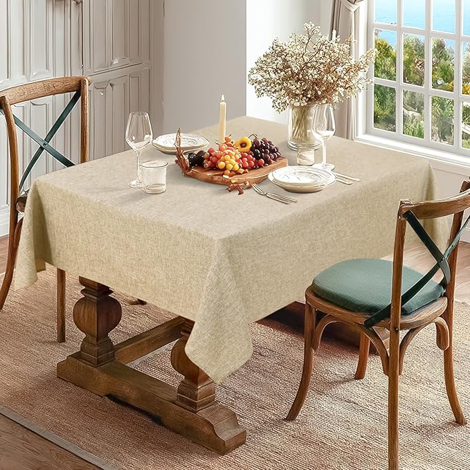 JIUZHEN Rectangle Table Cloth Faux Linen Farmhouse Tablecloth, Wrinkle and Stain Resistant Decorative Fabric Rectangular Spring Table Cover for Dining/Party/Birthday/Wedding, Beige, 54 x 80 Inch