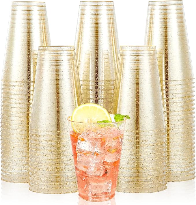 JOLLY CHEF 100 Pack 14 oz Gold Disposable Gold Glitter Plastic Cups Party Cups,Ideal for Halloween,Thanksgiving,Christmas