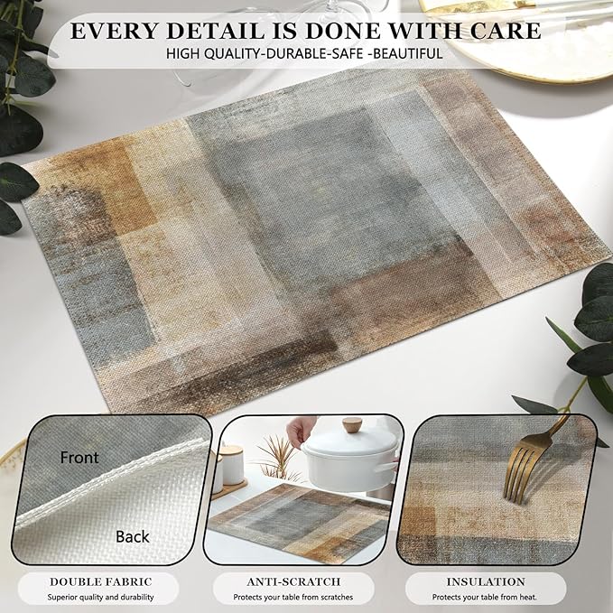 Mcalk Brown Table Runner and Placemats Set of 6, Abstract Grey Placemats, Modern Art Cloth Place Mats Indoor for Kitchen,Washable Linen Material for Dining Table