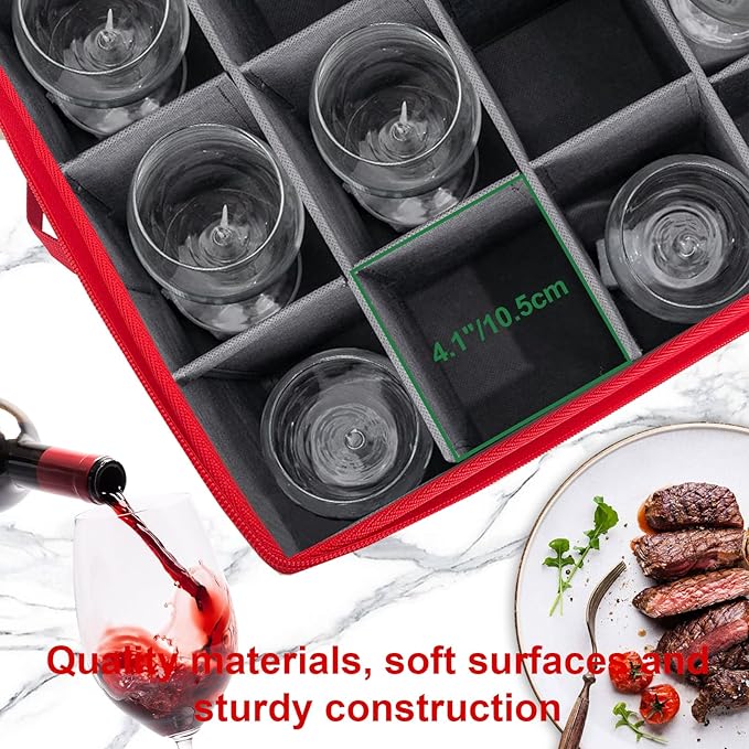VERONLY Wine Glass Storage Box with Dividers, Stemware Storage Case Hard Shell Stackable for Up to 12 Glasses, Crystal Glassware Containers for Holidays (Grey and Red)