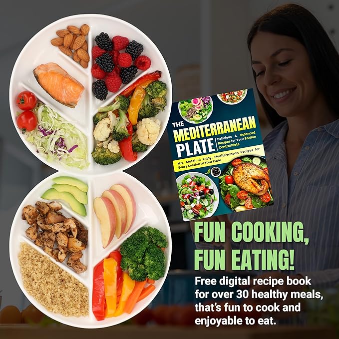 GetTheFad Portion Control Plate (Porcelain) Set of 2, 9.3 Inch Divided Portion Plates for Weight Loss Adults, Divided Dinner Plates for Adults, Healthy plates for adults, My plate for Weight Watchers