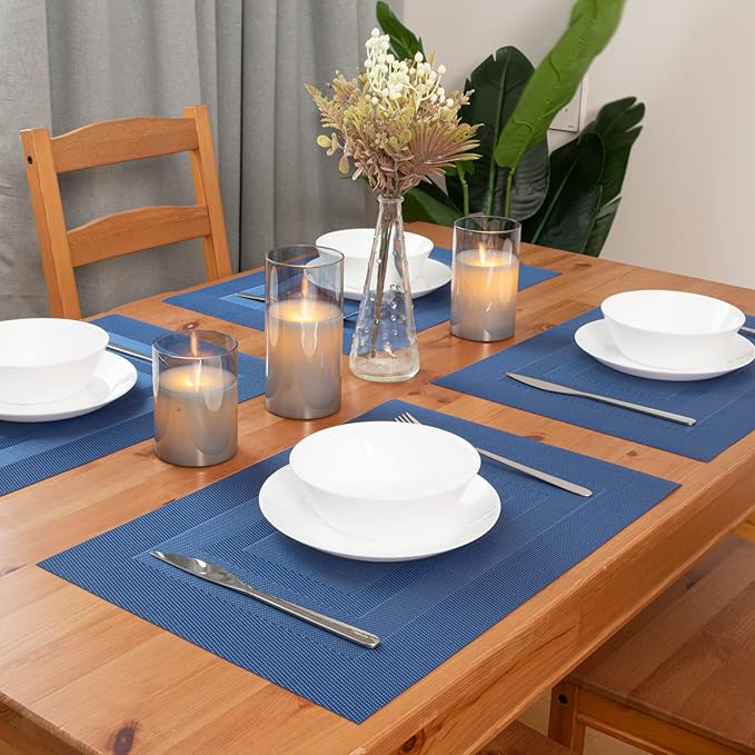 Winknowl Placemats for Dining Table Set of 6 Waterproof, Woven Place Mats for Kitchen Table Vinyl Heat Insulation Stain Resistant Placemats (Navy Blue)