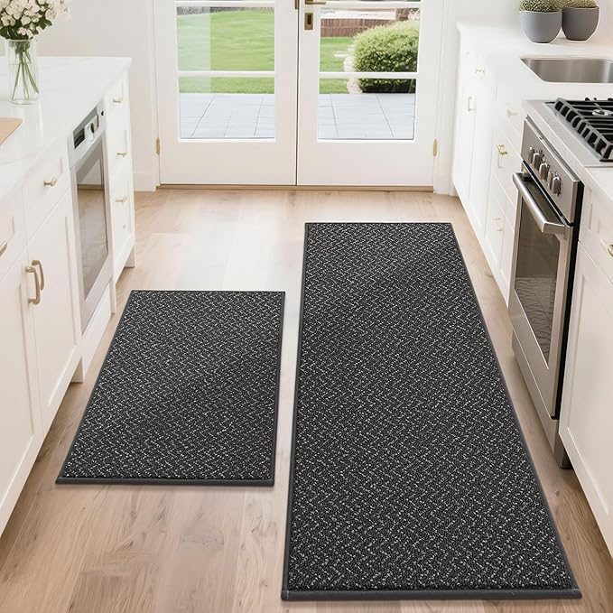 COSY HOMEER Kitchen Rugs Non Slip Washable 24"x36"+24"x60" Absorbent Kitchen Mats for Floor Stain Resistant Kitchen Runner Rug Sets of 2 Kitchen Floor Mats for Sink,Dark Grey