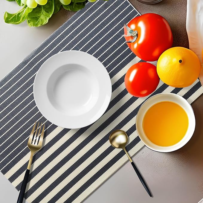 Placemats Set of 4 Vinyl Washable Navy Blue Placemats, 18"x12" Wipeable Heat-Resistant Non-Slip Easy Clean Table Mats Ideal for Dining Table Table Runner and Outdoor (4, Dark Blue Stripe)