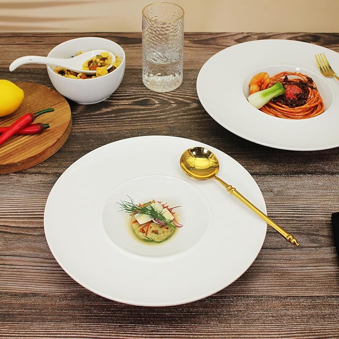 Ceramics Rimmed Soup Bowls 8.8 oz, White 11.6 inch Exquisite small soup plate Set of 4, Pasta plates With Rim is the best choice for hotels, kitchens, fine restaurants and gourmets