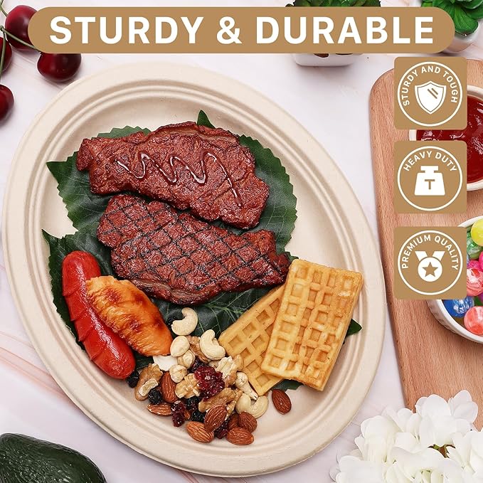 50 Pack Oval Paper Plates, 12 Inch Disposable Paper Plates Heavy Duty,Compostable Oval Plate, Natural Bagasse Sugarcane Plate for BBQ Party Picnic Gathering, Natural Brown