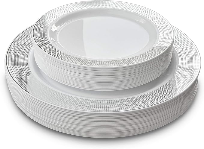 OCCASIONS 120 Plates Pack,(60 Guests) Heavyweight Premium Wedding Party Disposable Plastic Plates Set -60 x 10.5'' Dinner + 60 x 7.5'' Salad/Dessert (Linen White & Silver)