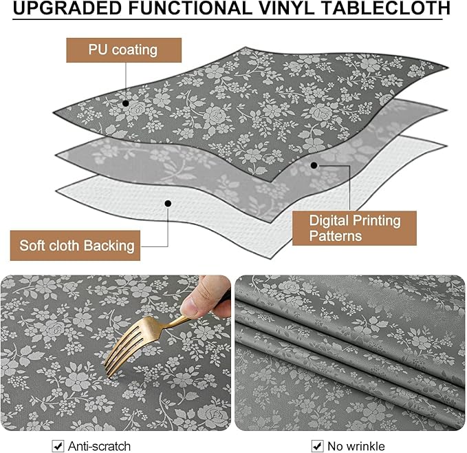Smiry Rectangle Table Cloth, Waterproof Heavy Duty Vinyl Tablecloths, Wipeable Washable Table Cover for Kitchen and Dining Room (Grey, 70" X 120")