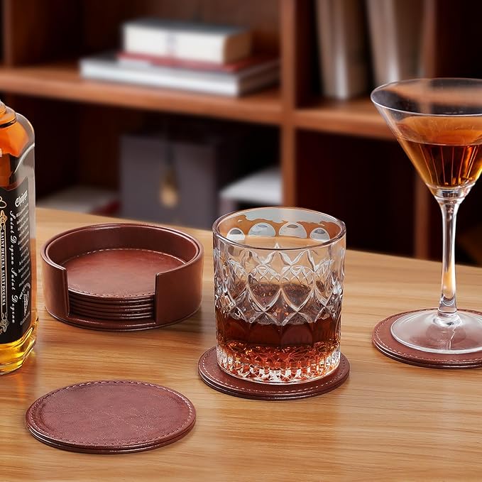 6 Pcs Premium Leather Coasters with Holder, Tabletop Protection, Coffee Table & Bar Decoration, Modern-Style Drink Coasters Suitable for Home Dining Tables & Kitchen Accessories (Brown)