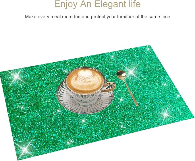 Green Placemats Emerald Heat Resistant Mat Square Placemats Green Trivets Rhinestone Decor Place Mat Crushed Diamond Decor Bling Sparkly Mat Set of 2