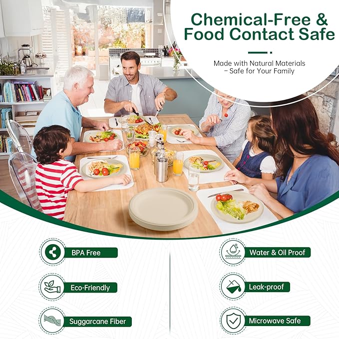 9 Inch 128 Pack Compostable Disposable Paper Plates, Dinner Plates, Heavy Duty Sugarcane Bagasse, Biodegradable Eco-Friendly, Soak Proof & Cut Resistant, Unbleached Natural
