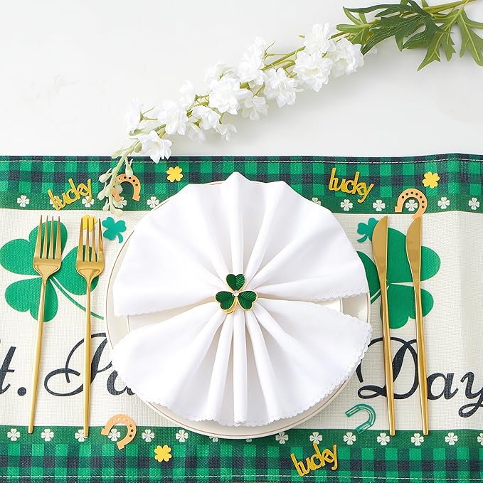 APTWOW Green St Patricks Day Shamrock Napkin Rings Set of 12 - Gold Metal Shamrock Napkin Holder, Spring Napkin Rings for St. Patrick's Day Party Wedding Table Decoration