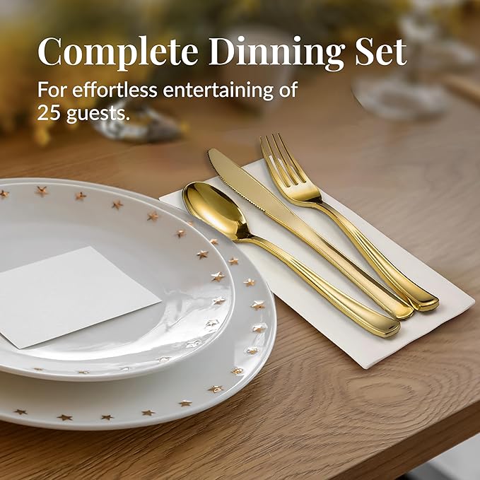 Prestee 100 Piece Gold Plastic Silverware Set - 25 Pre-Rolled Plastic Utensils Set with Forks, Knives, Spoons, and White Napkins - Fancy Disposable Flatware for Dinner Parties, Weddings, and Events