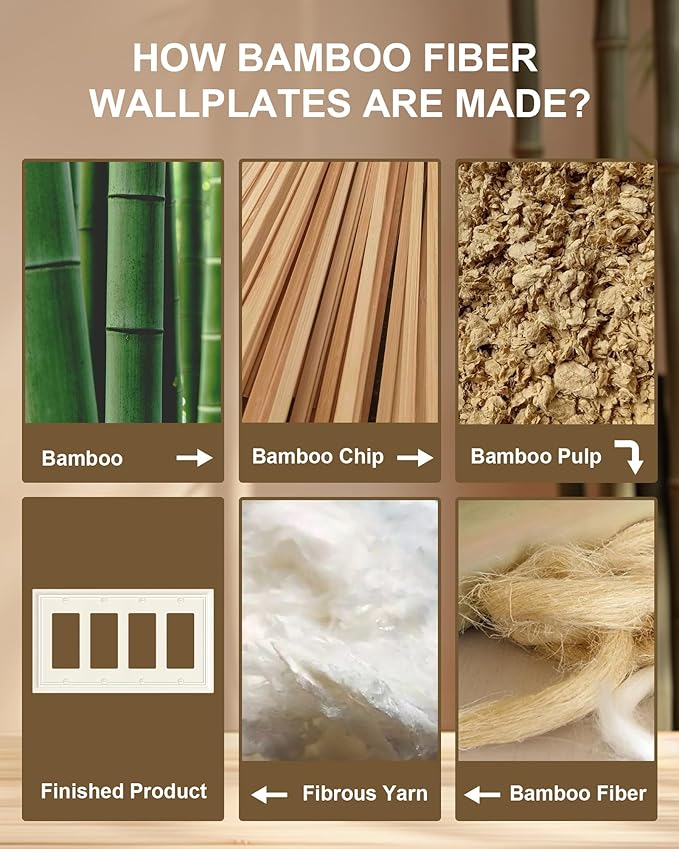 2-Pack Quad Decorator Wall Plate, Light Almond Decorative Switch Plates and Outlet Covers, Natural Bamboo Fiber 4 Gang Wall Plate for Electrical Outlets, Receptacle, GFCI Outlet, Dimmer Switch