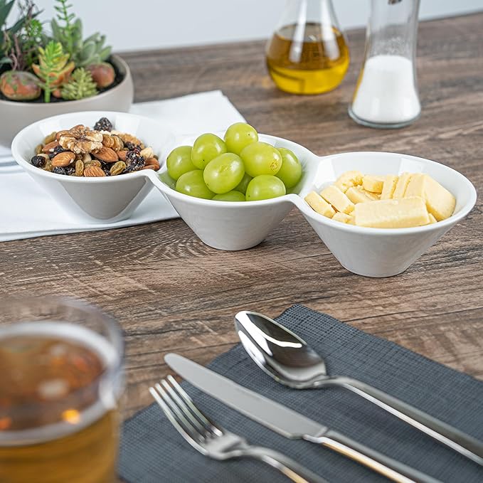 Restaurantware-13.4 x 4.9 x 2.3 Inch Triple Dip Bowls, 1 Microwavable Condiment Server - 3 Compartments, Microwavable, White Porcelain Dip Tray, Dishwashable, For Snacks, Condiments, Or Toppings