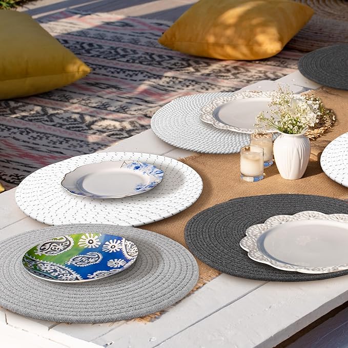 Kochorie Set of 8 Round Woven Cotton Placemats, 13 Inch Boho Table Mats for Kitchen and Dining Table, Farmhouse Heat Resistant Washable Trivets, Fall Thanksgiving Christmas Décor (Mixed Gray)