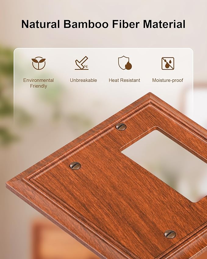 2-Pack Combo Blank/Decorator Wall Plates, Wood Grain Decorative Switch Plates and Outlet Covers, Durable Natural Bamboo Fiber Wall Plates for Electrical Outlets, Receptacle, GFCI Outlet, Dimmer Switch