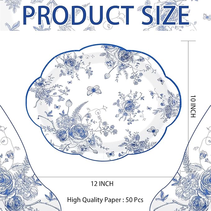 50 Pcs Blue Floral Oval Plates 10" x 12" Large Blue and White Floral Scalloped Plates Disposable Heavy Duty Vintage Flower Dessert Platters for Wedding Bridal Shower Decorations Tea Party Supplies