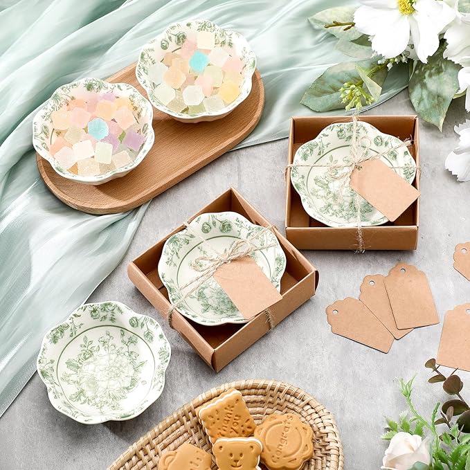 12 Pcs Wedding Favors for Guests Small Ceramic Bowl Bulk Gifts Set 3.3 Inch Floral Design Mini Dipping Sauce Dish with Card Box for Bridal Pooja Baby Shower Birthday Guest Gift (Sage Green)