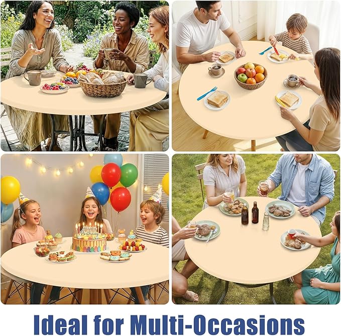 Round Spandex Tablecloth, Elastic Fitted Waterproof Tablecloths for 18"-24" Tables, Stretch Washable Picnic Table Cover for Camping, Dining, Indoor and Outdoor,Ivory