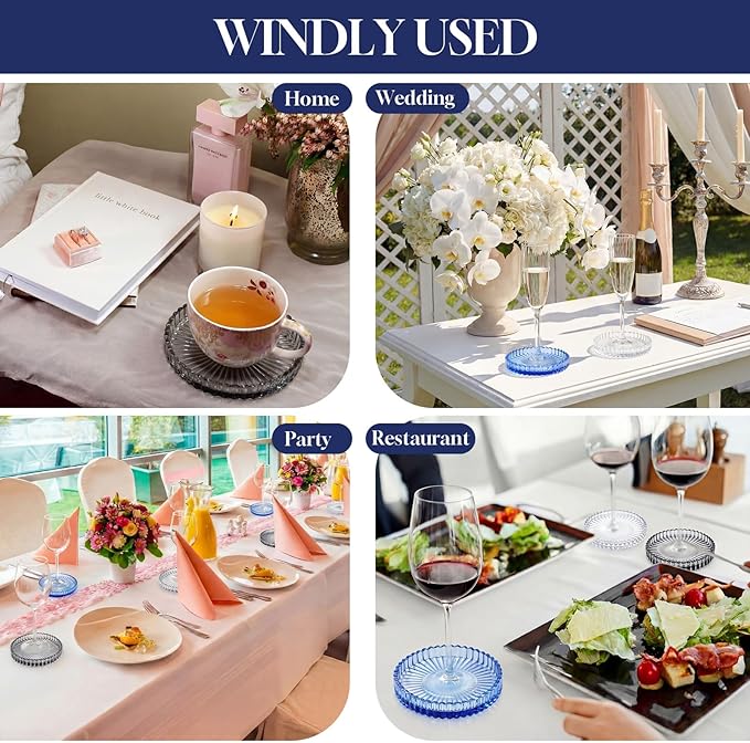 Remerry 6 Pcs Clear Crystal Coaster Set with Holder Glass Coasters for Drinks 4 Inch Drinks Crystal Round Cup Coasters Coffee Table Decor for Office Kitchen Bar Restaurant Patio (Classic Colors)