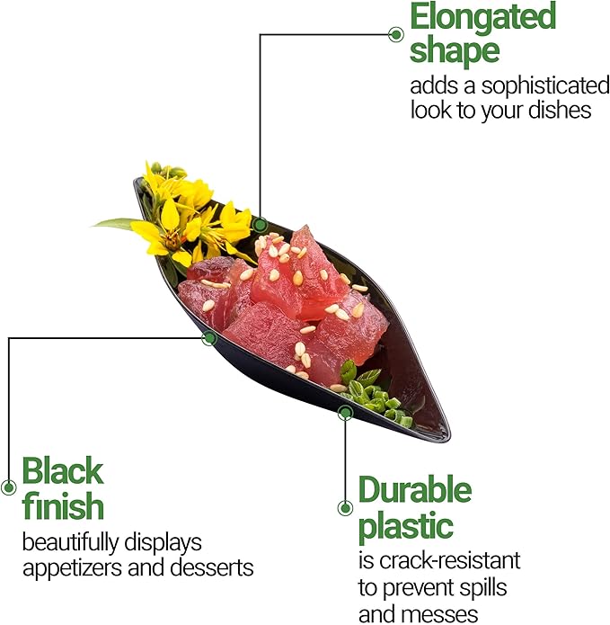Restaurantware 1 Ounce Dipping Sauce Bowls 100 Disposable Dipping Sauce Dishes - Canoe Shaped Unique Design Black Plastic Small Dishes For Dips Appetizers Desserts Or Samples