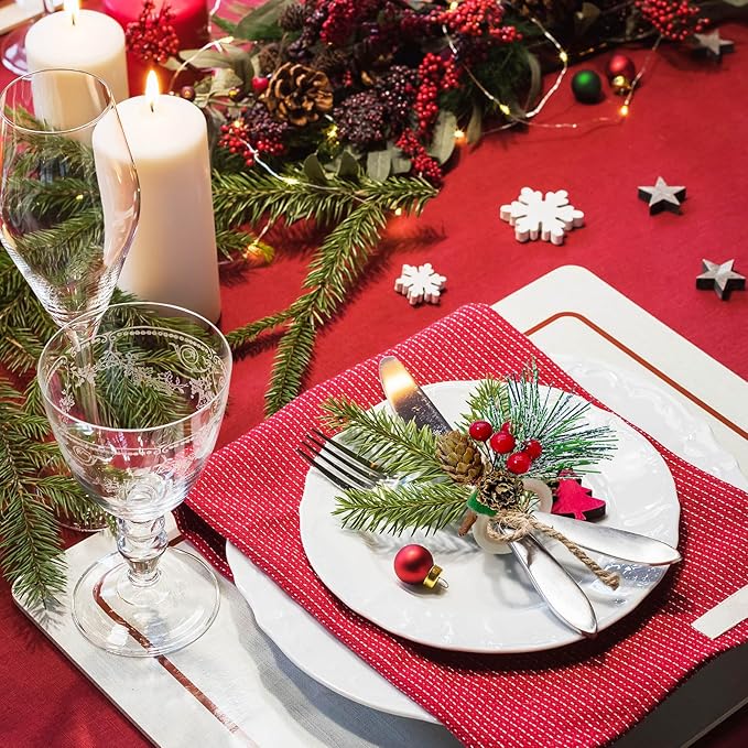 WINGFISH Christmas Napkin Rings Set of 12 Snowy Pine Cone Poinsettia Red Berry Wooden Napkin Rings Christmas Napkin Holders Decor for Xmas Holiday Party Gathering Dinner