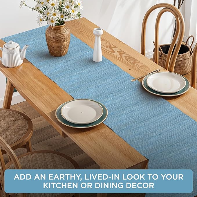 Perilla Home Sky Blue Table Runnert Vintage Boho Table Mats for Kitchen Dining Home Decor Rectangle Runner (Sky Blue 13x72)