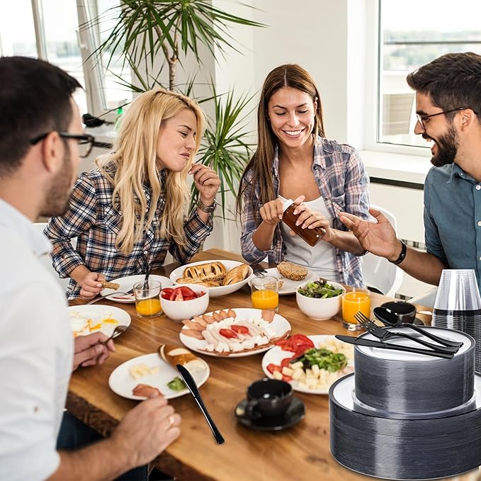 N9R 600PCS Clear and Black Disposable Plates Set, Heavy Duty Plastic Dinnerware Set for 100 Guests Includes 100 Dinner & Dessert Plates, Cups, Spoons, Forks, and Knives, Perfect for Parties, Weddings