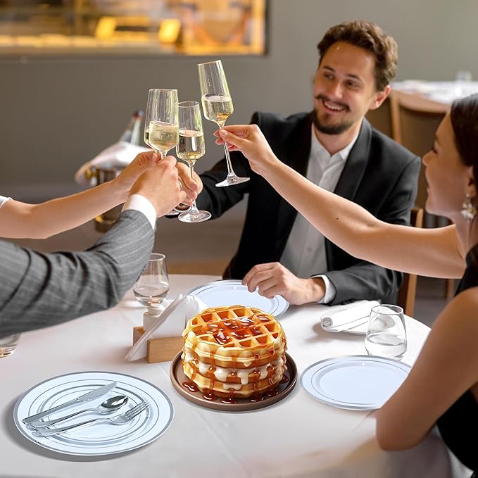 200 PCS Silver Plastic Plates, Silver Disposable Party Plates, Premium Christmas Plastic Plate Include 100 Dinner Platos 10'' and 100 Dessert Platos 7'' Perfect for Birthday, Christmas & Party