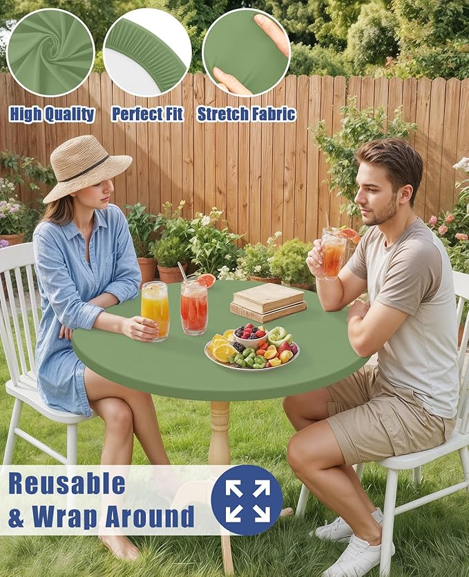 Round Spandex Tablecloth, Elastic Fitted Waterproof Tablecloths for 42"-50" Tables, Stretch Washable Picnic Table Cover for Camping, Dining, Indoor and Outdoor, Sage Green