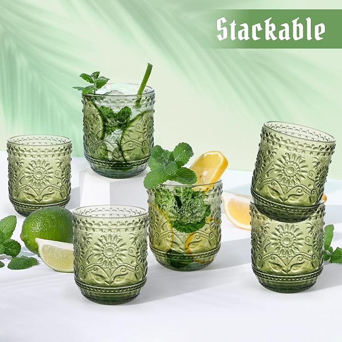 Topsky Vintage Drinking Glass Set of 6,12 oz Embossed Floral Decorative Glassware Set,Glass Cups Wine Glasses Beverages Tumblers Colored Glassware for Whisky,Beer,Juice,Cocktail,Heavy Duty