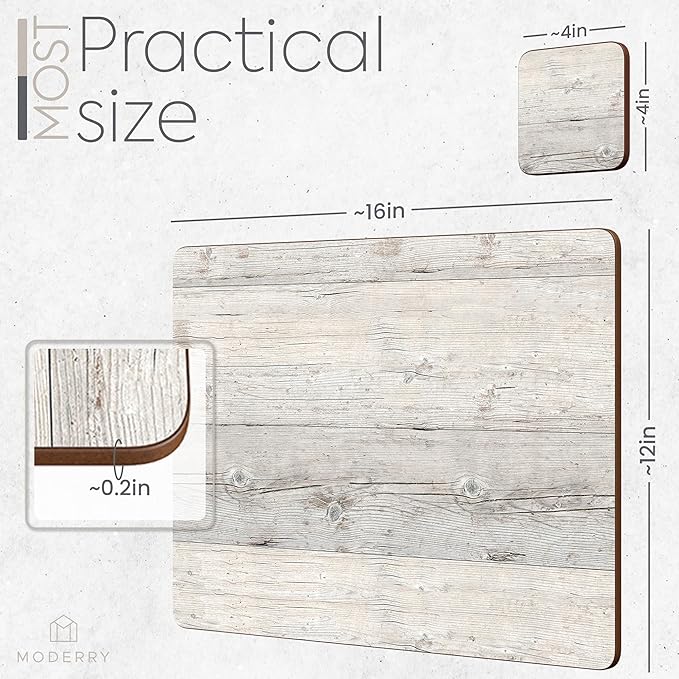 Set of 4 Heat Resistant Cork Placemats for Dining Table with Free Set of 4 Matching Drink Coasters Cork Wood Design Print 16 x 12 Inches Cork Backed Hard Placemats (White Driftwood)