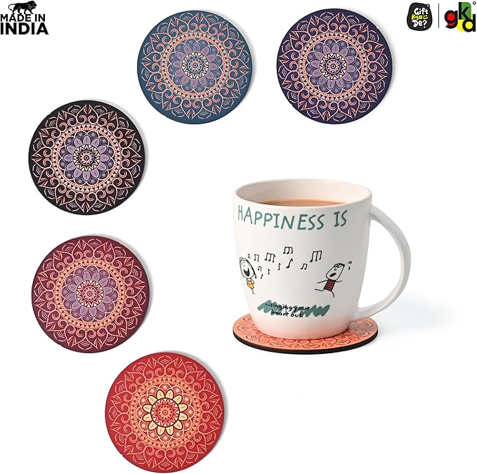 GKD Coaster Set of 6 Beautiful Wooden Coasters with Proper Coaster Stand Designer Set fit for Tea Cups, Coffee Mugs and Glasses (6 pc Round 3.5 x 3.5 inch) Multi Color