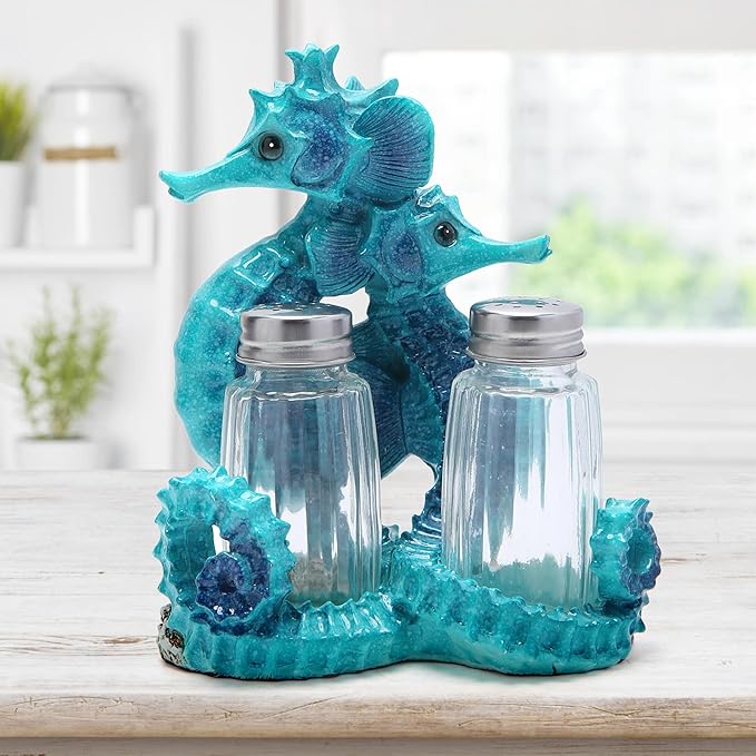 Hodao Seahorse With Salt and Pepper Shaker Figurines Decorations Set with Holder Figurine for Beach Bar or Tropical Kitchen Decor Table Decorations By Home Gifts (Seahorse-Blue)