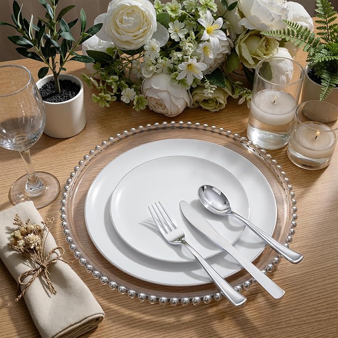 KIRE 200PCS Silver Plastic Plates - White Plastic Plates with Silver Rim Include 100 Dinner Plate and 100 for Dessert/Salad Plate for Birthday/Wedding/Party for Christmas